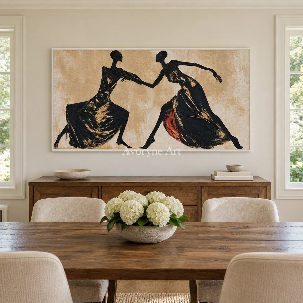 Lucent Trace dynamic figure wall art with a white frame in a dining room
