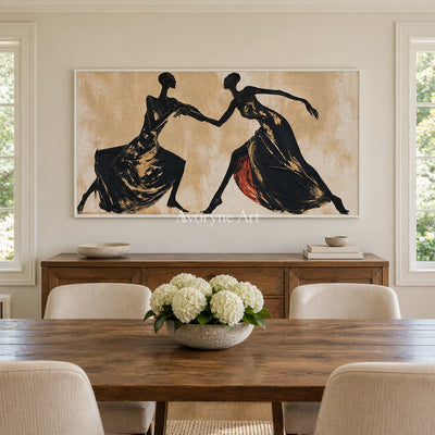 Lucent Trace dynamic figure wall art with a white frame in a dining room