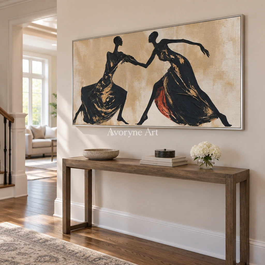 Lucent Trace dynamic figure wall art with a silver frame in an entryway