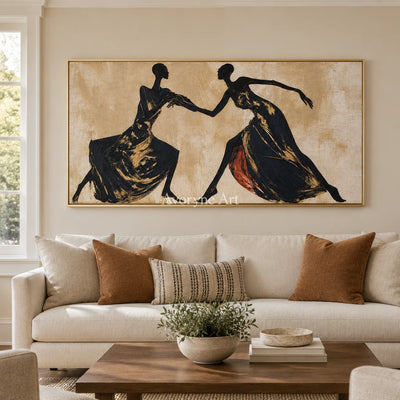 Lucent Trace dynamic figure wall art with a gold frame hanging in a living room