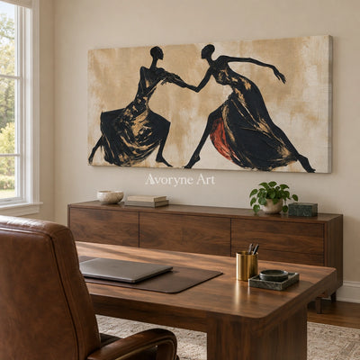 Lucent Trace dynamic figure wall art as a frameless stretched canvas in a home office