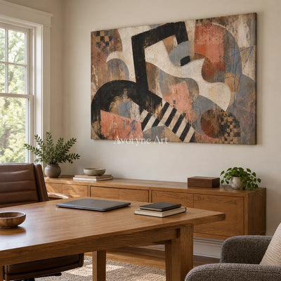 Woven Drift earth geometric art as a frameless stretched canvas in a home office