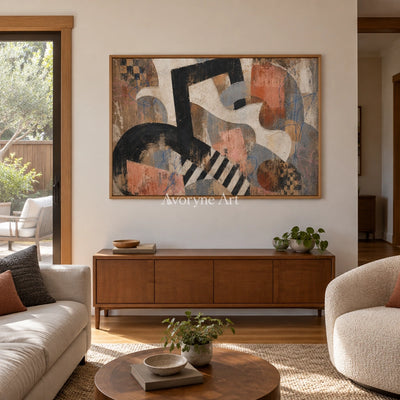 Woven Drift earth geometric art with a wood frame in a villa living space