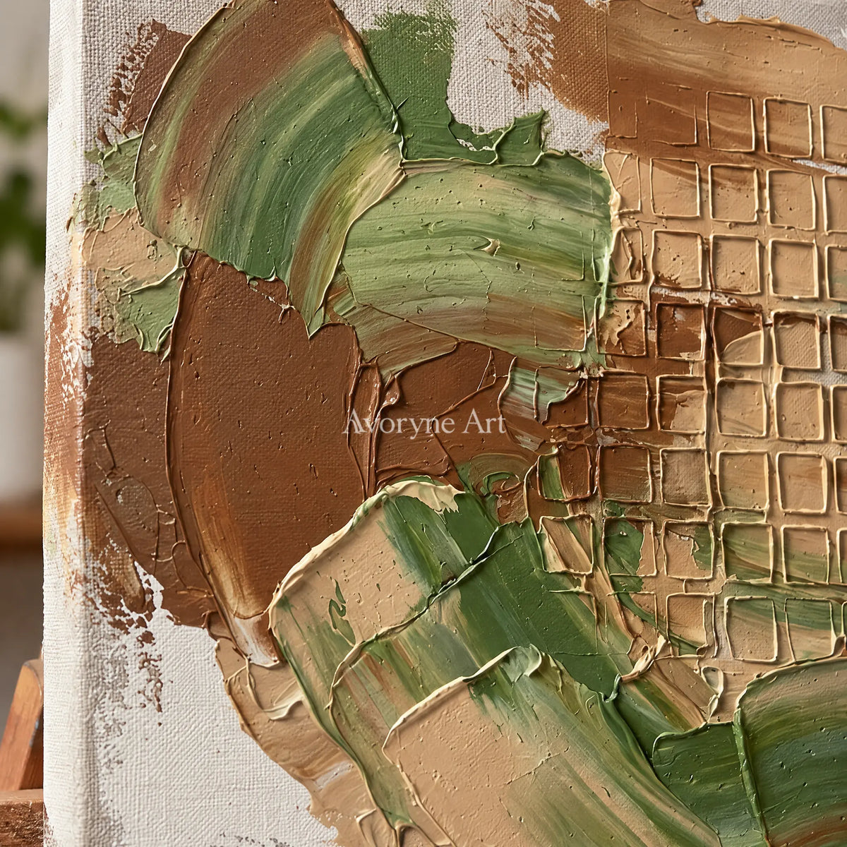 Close-up of the hand-painted texture of Misted Reverie earth grid relief wall art on an easel