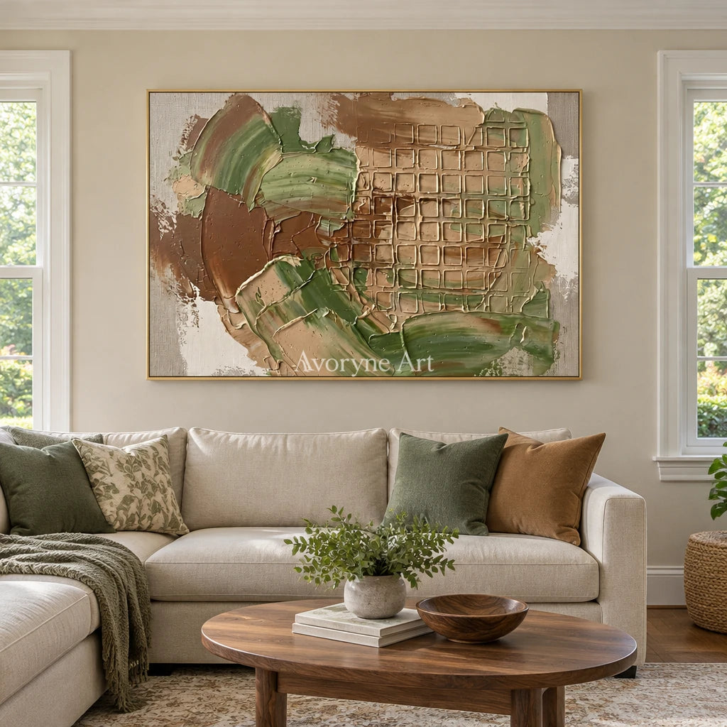 Misted Reverie earth grid relief wall art with a gold frame hanging in a living room