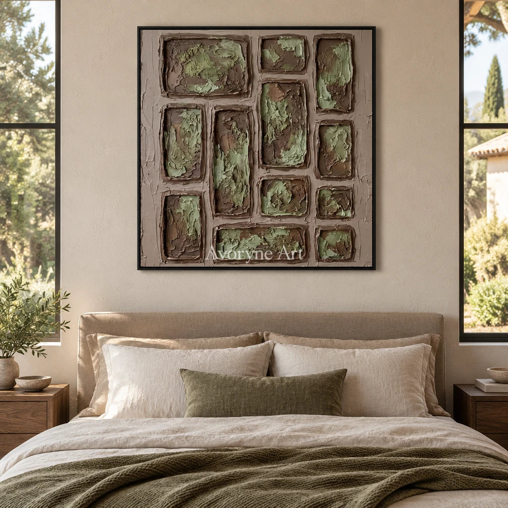 Misted Sonata earth grid relief wall art with a black frame above a bed in a bedroom