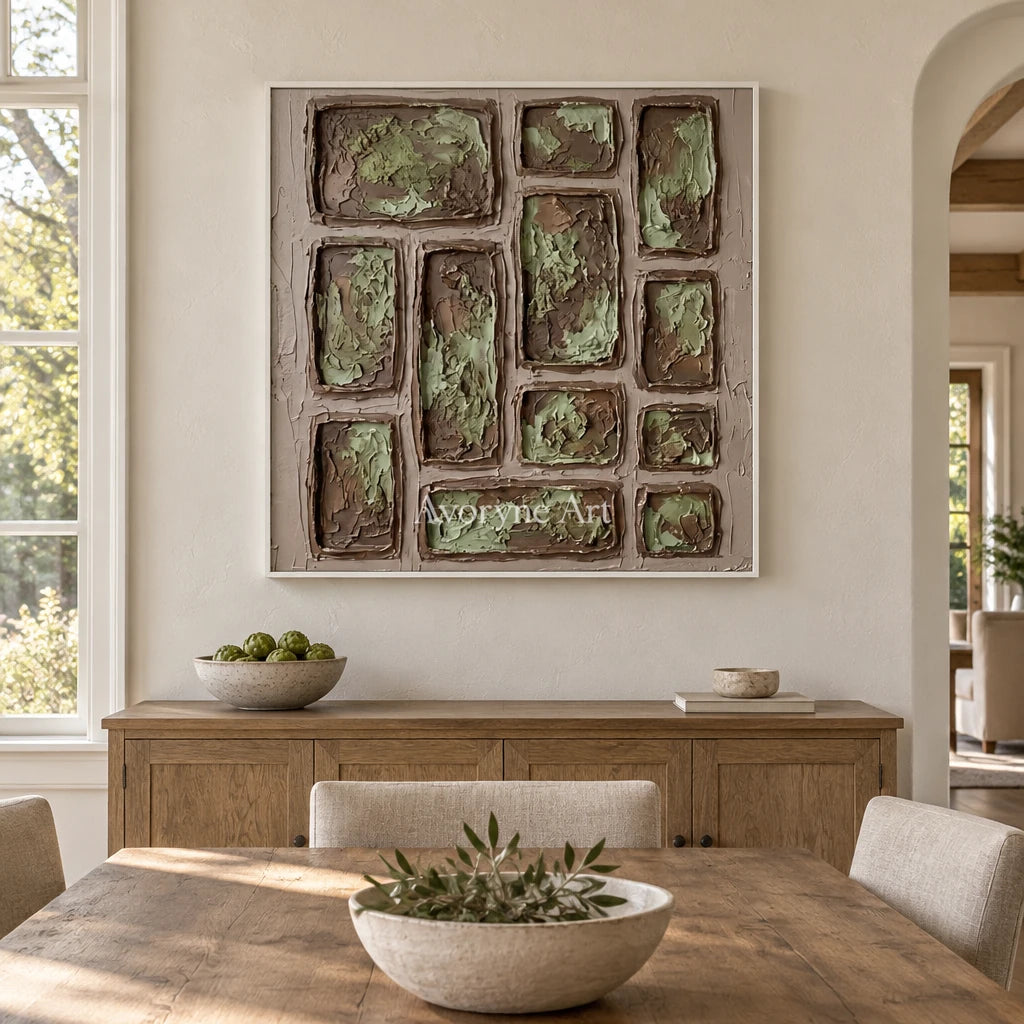 Misted Sonata earth grid relief wall art with a white frame in a dining room