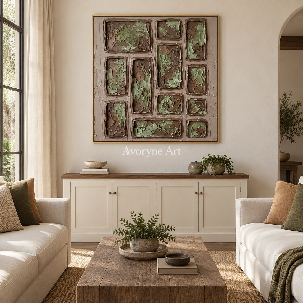 Misted Sonata earth grid relief wall art with a gold frame hanging in a living room