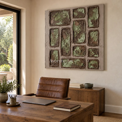 Misted Sonata earth grid relief wall art as a frameless stretched canvas in a home office