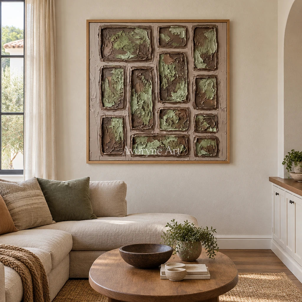 Misted Sonata earth grid relief wall art with a wood frame in a villa living space
