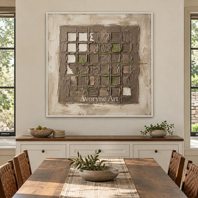 Weathered Horizon earth grid relief wall art with a white frame in a dining room