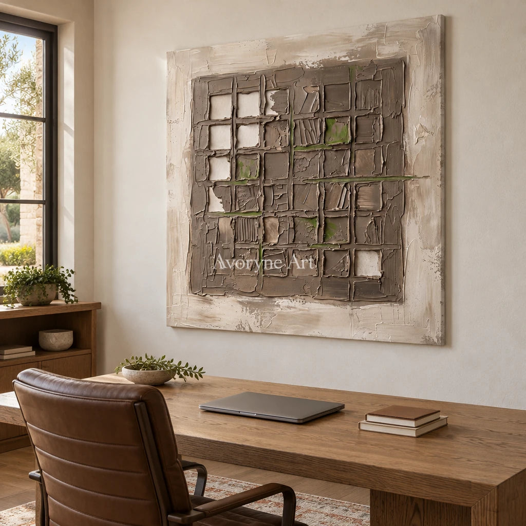 Weathered Horizon earth grid relief wall art as a frameless stretched canvas in a home office
