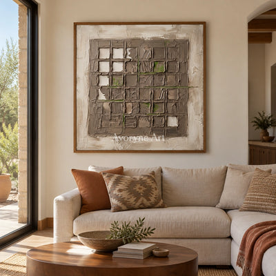 Weathered Horizon earth grid relief wall art with a wood frame in a villa living space