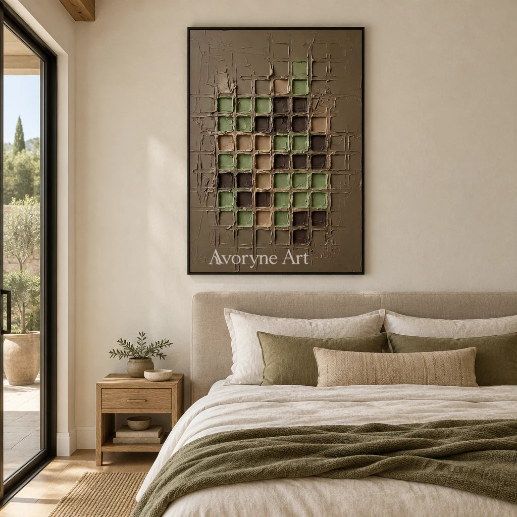 Weathered Verse earth grid relief wall art with a black frame above a bed in a bedroom