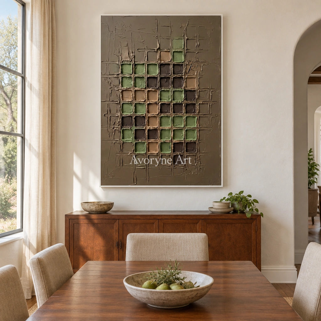 Weathered Verse earth grid relief wall art with a white frame in a dining room