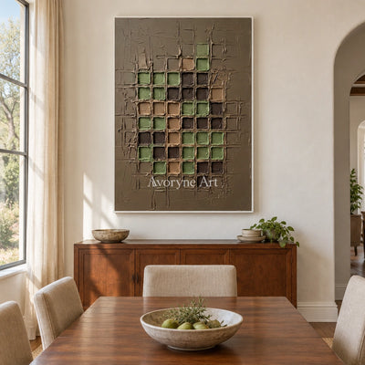 Weathered Verse earth grid relief wall art with a white frame in a dining room