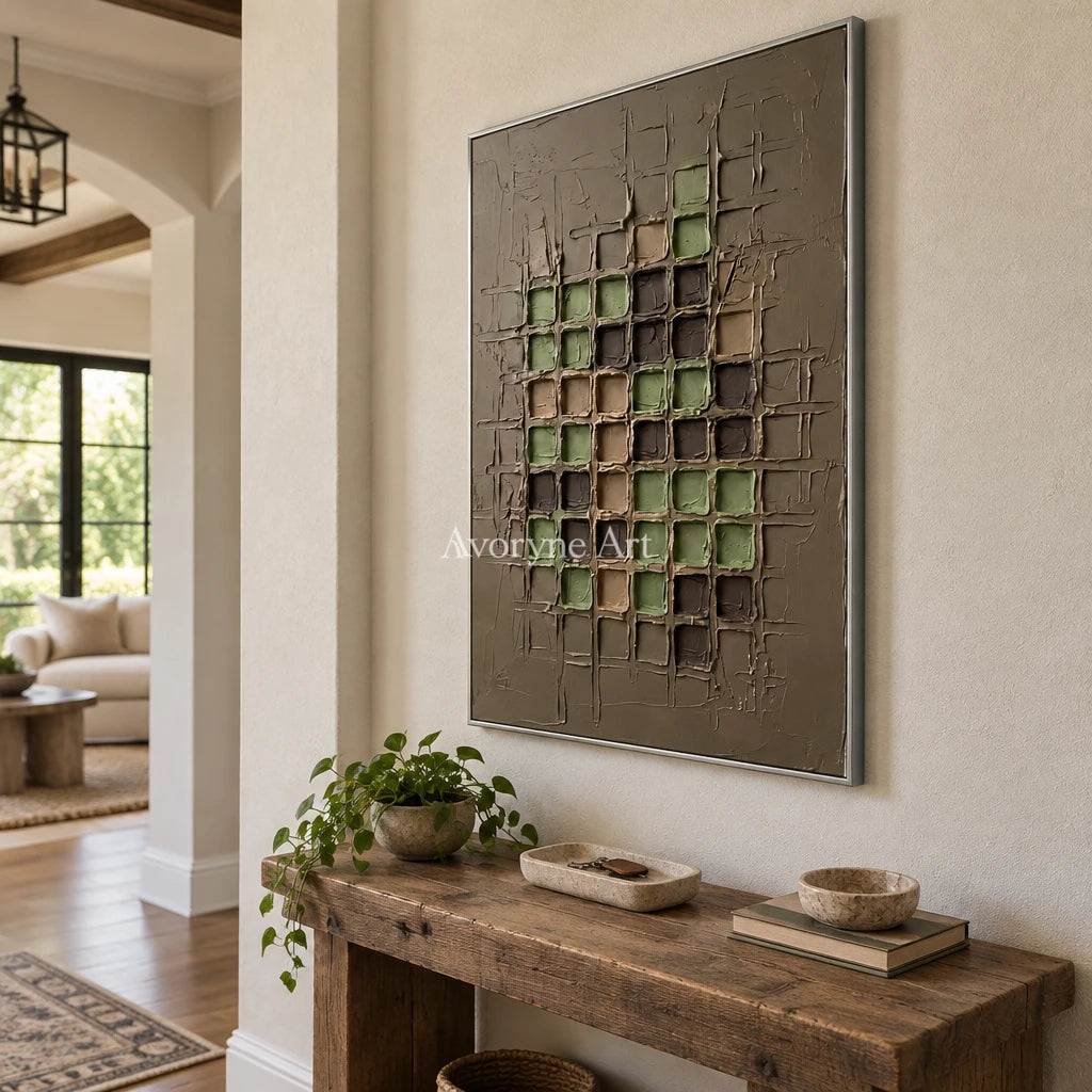 Weathered Verse earth grid relief wall art with a silver frame in an entryway