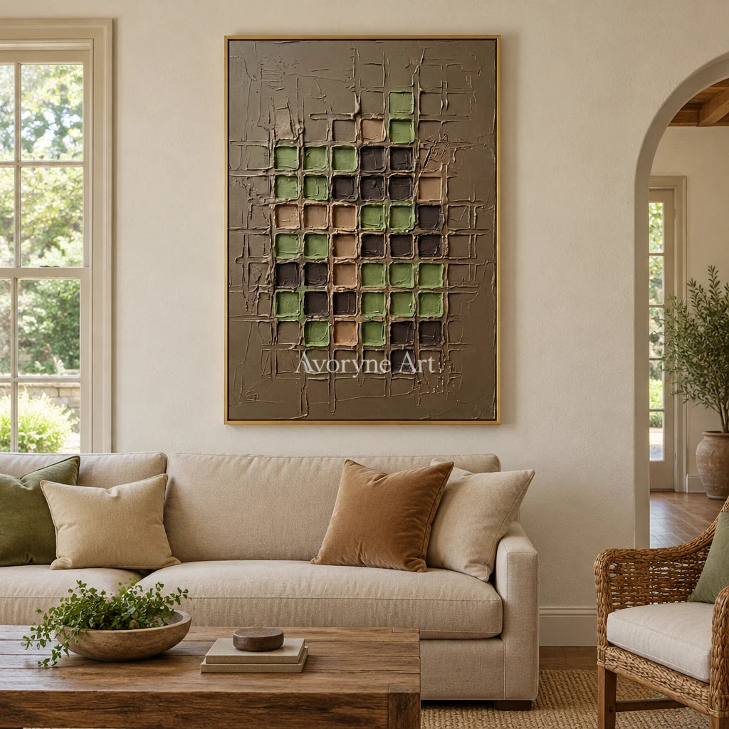 Weathered Verse earth grid relief wall art with a gold frame hanging in a living room