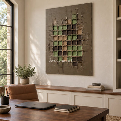 Weathered Verse earth grid relief wall art as a frameless stretched canvas in a home office