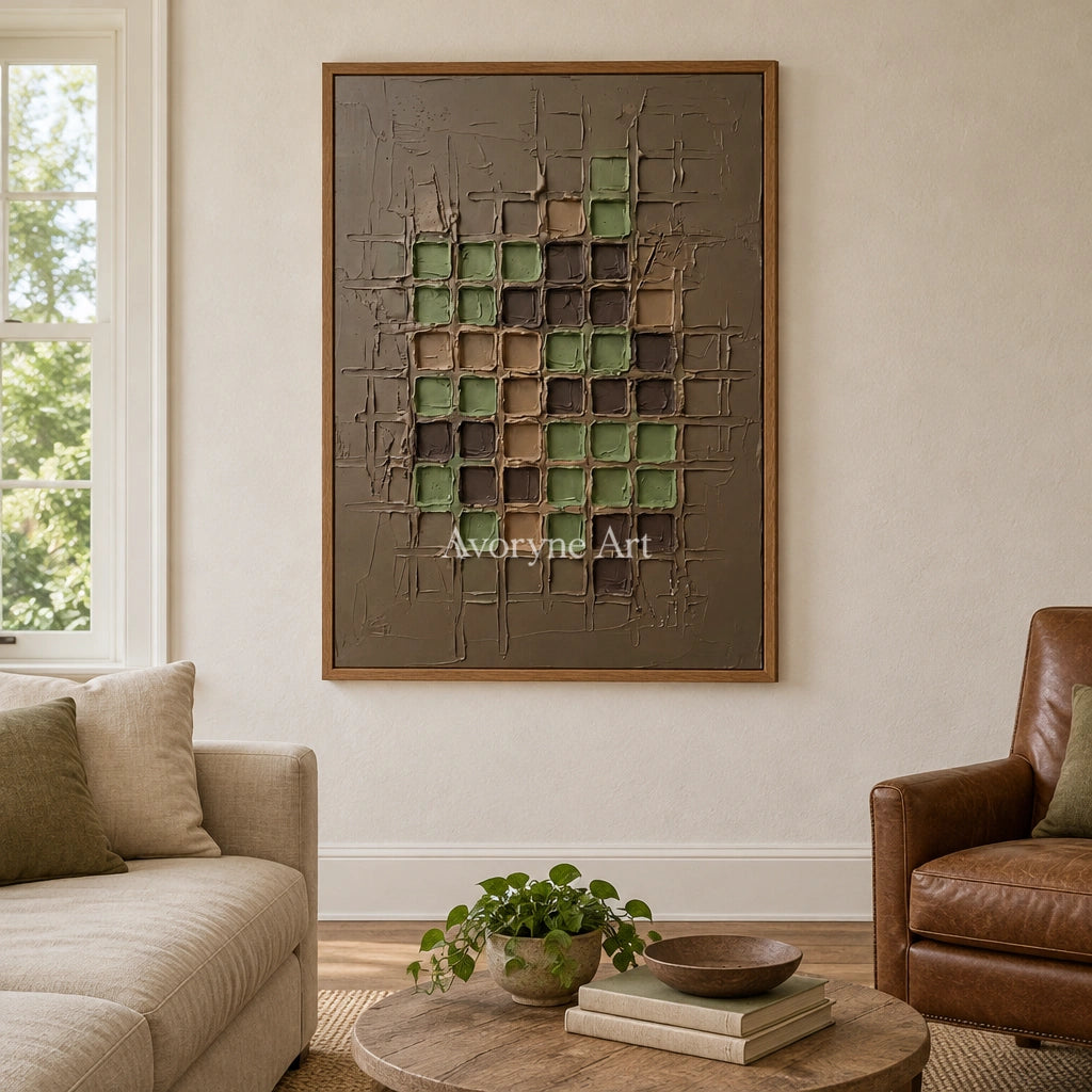 Weathered Verse earth grid relief wall art with a wood frame in a villa living space