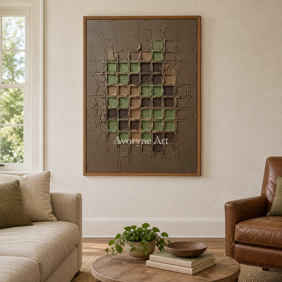 Weathered Verse earth grid relief wall art with a wood frame in a villa living space