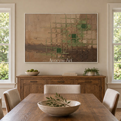 Earthen Horizon earth grid relief wall art with a white frame in a dining room