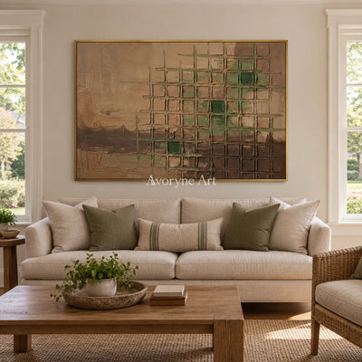 Earthen Horizon earth grid relief wall art with a gold frame hanging in a living room