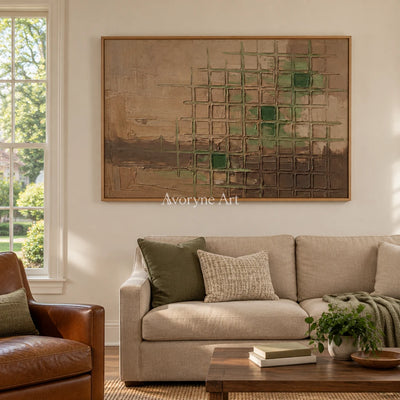 Earthen Horizon earth grid relief wall art with a wood frame in a villa living space