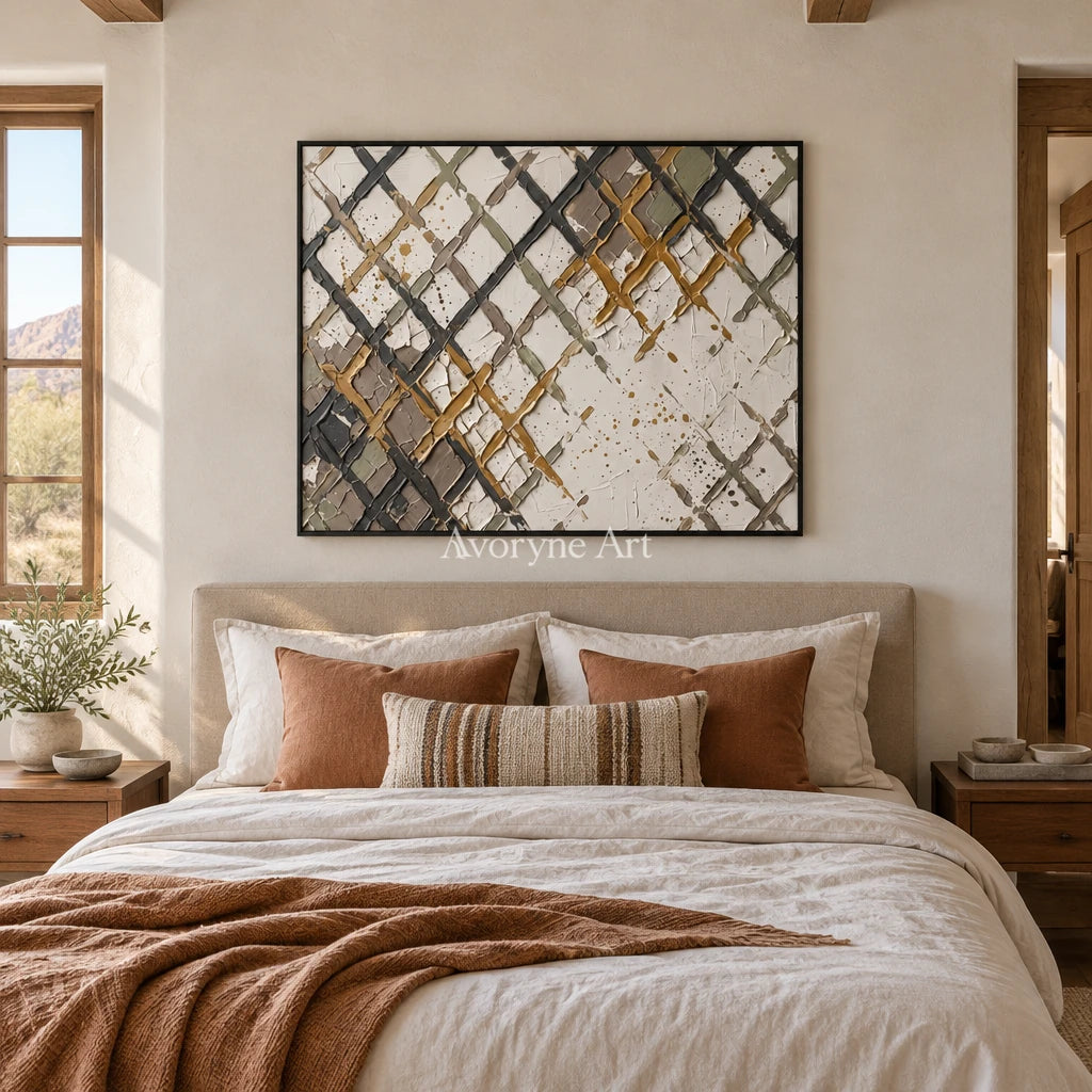 Earthen Measure earth grid texture wall art with a black frame above a bed in a bedroom