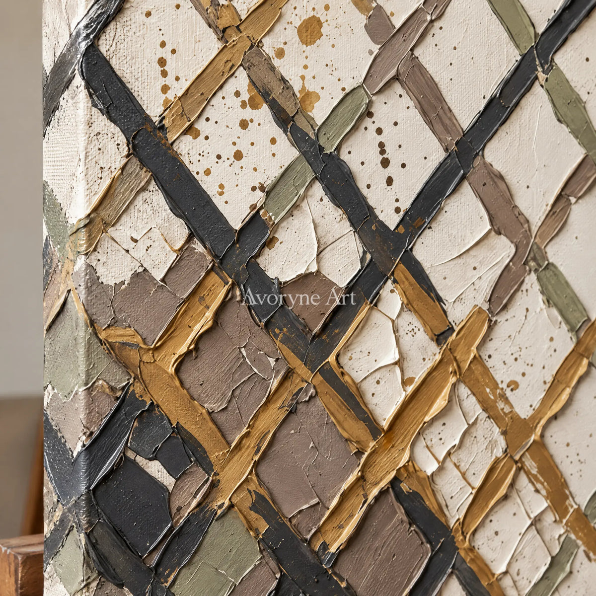 Close-up of the hand-painted texture of Earthen Measure earth grid texture wall art on an easel