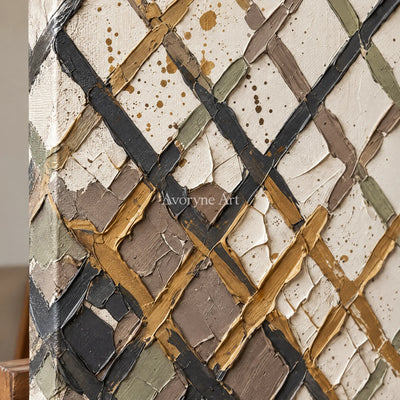 Close-up of the hand-painted texture of Earthen Measure earth grid texture wall art on an easel