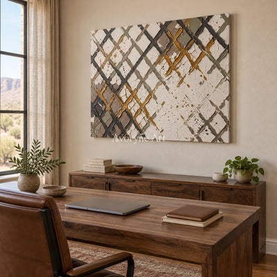 Earthen Measure earth grid texture wall art as a frameless stretched canvas in a home office