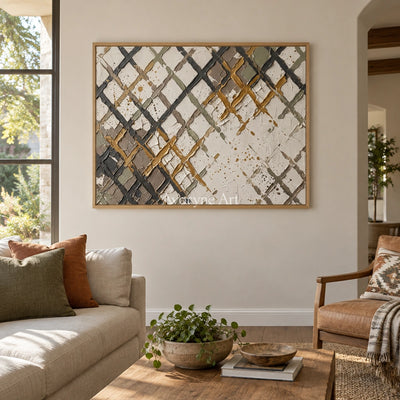 Earthen Measure earth grid texture wall art with a wood frame in a villa living space