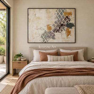 Earthen Gesture earth grid texture wall art with a black frame above a bed in a bedroom