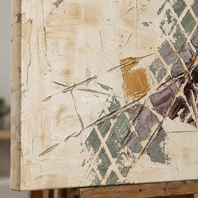 Close-up of the hand-painted texture of Earthen Gesture earth grid texture wall art on an easel