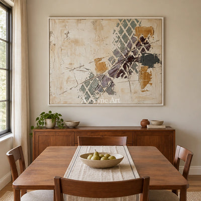 Earthen Gesture earth grid texture wall art with a white frame in a dining room