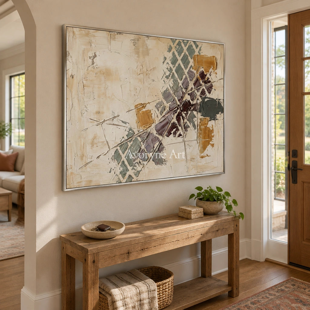 Earthen Gesture earth grid texture wall art with a silver frame in an entryway