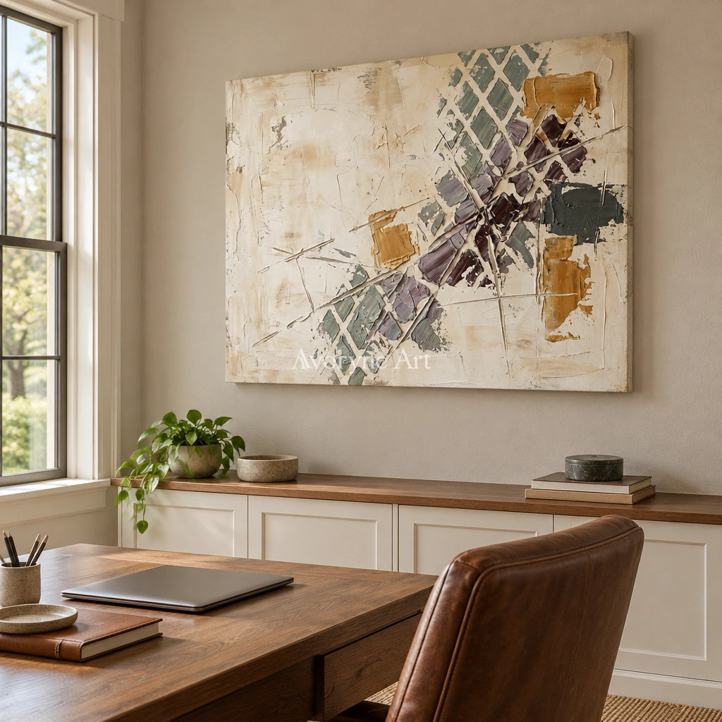 Earthen Gesture earth grid texture wall art as a frameless stretched canvas in a home office