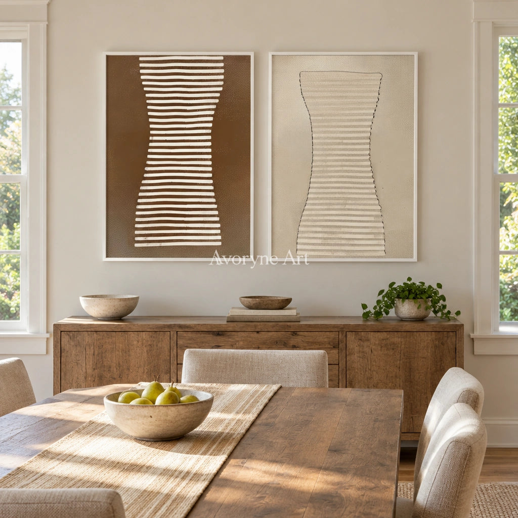 Muted Haven earth grooved curves diptych with a white frame in a dining room