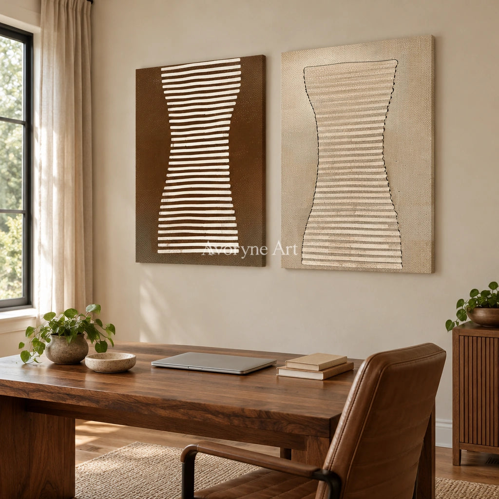 Muted Haven earth grooved curves diptych as a frameless stretched canvas in a home office