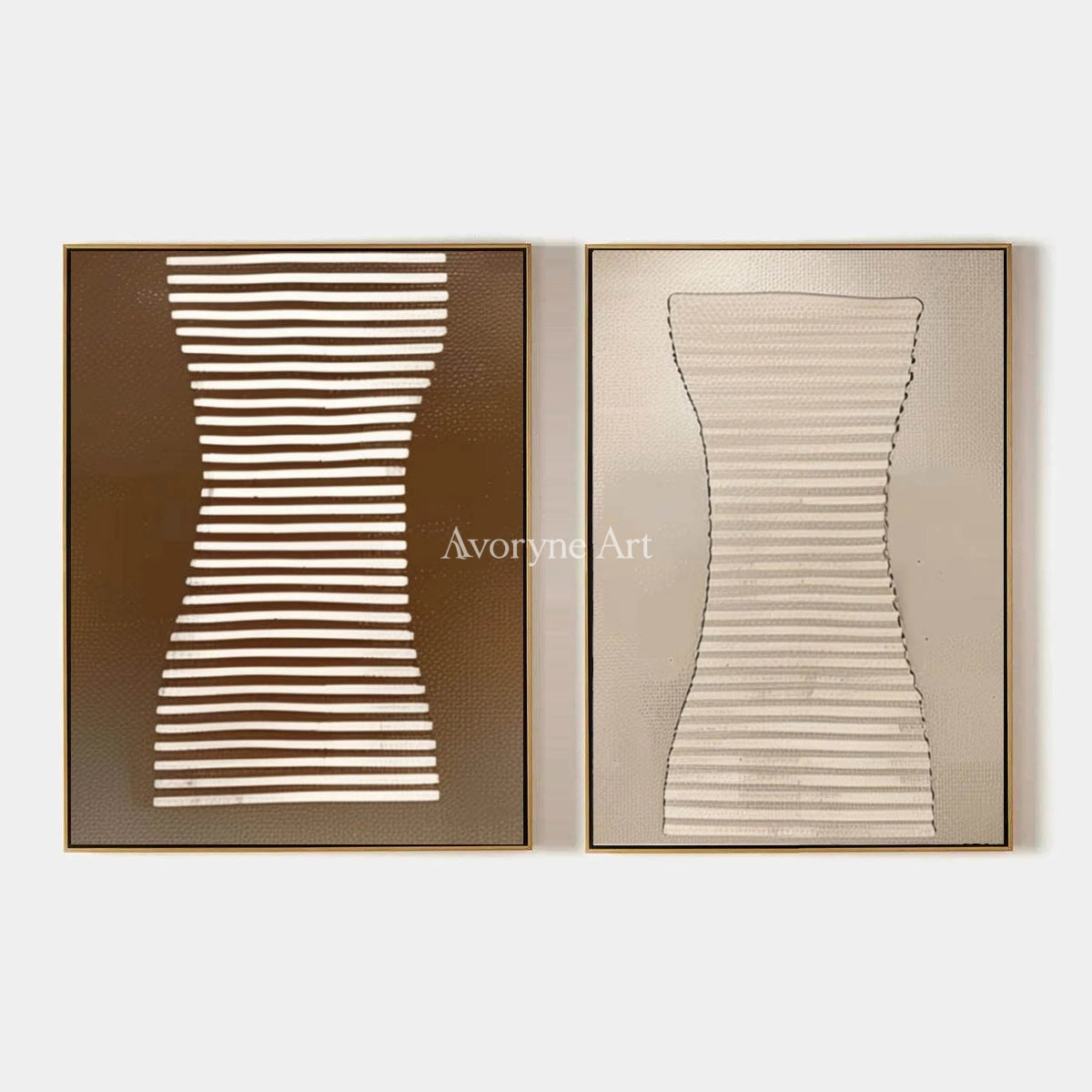 Muted Haven, hand-painted earth grooved curves diptych by Clara Whitmore