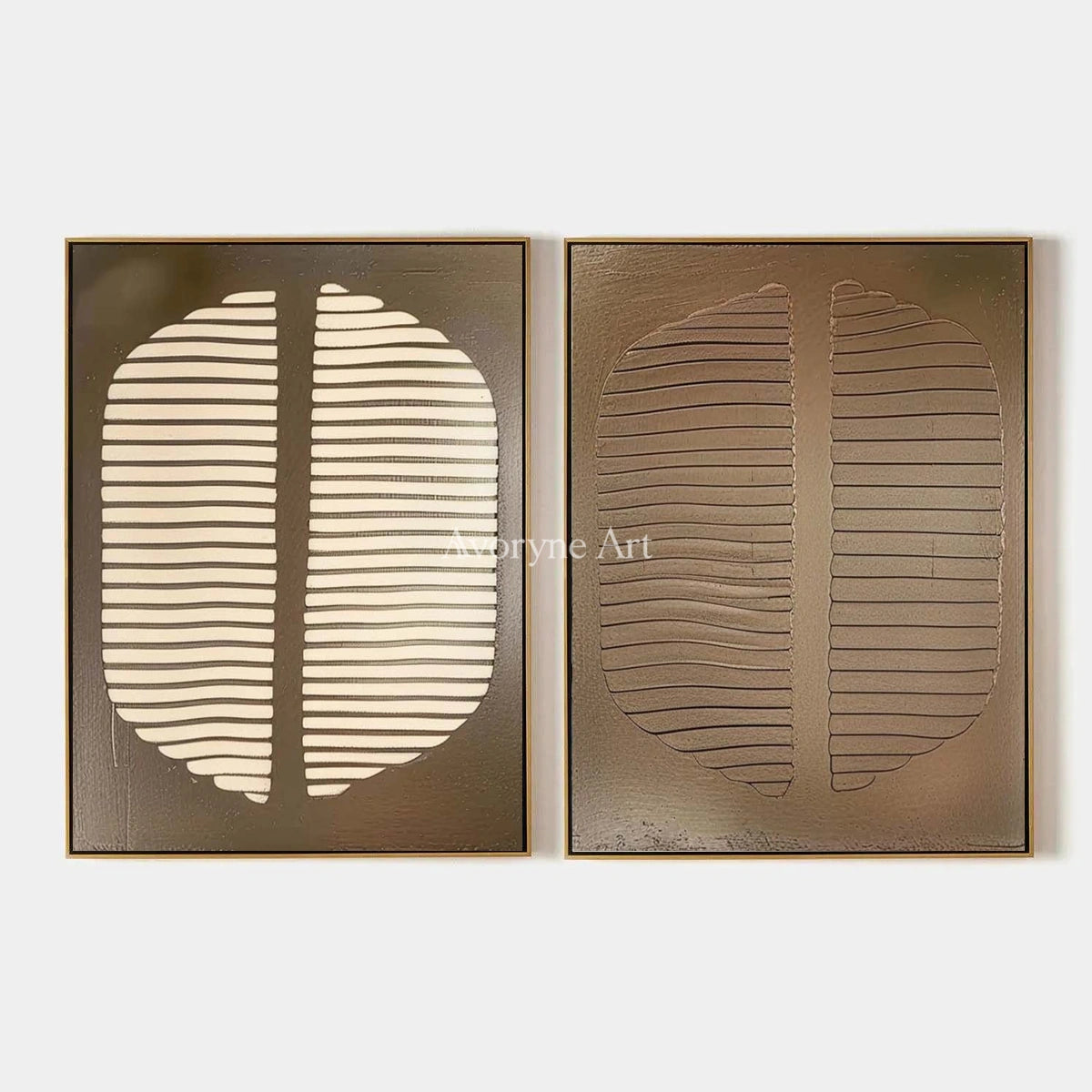 Muted Measure, hand-painted earth grooved curves diptych by Clara Whitmore