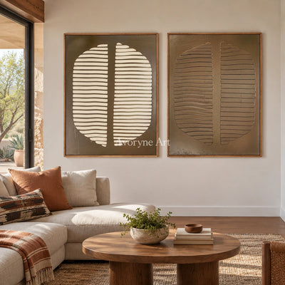Muted Measure earth grooved curves diptych with a wood frame in a villa living space