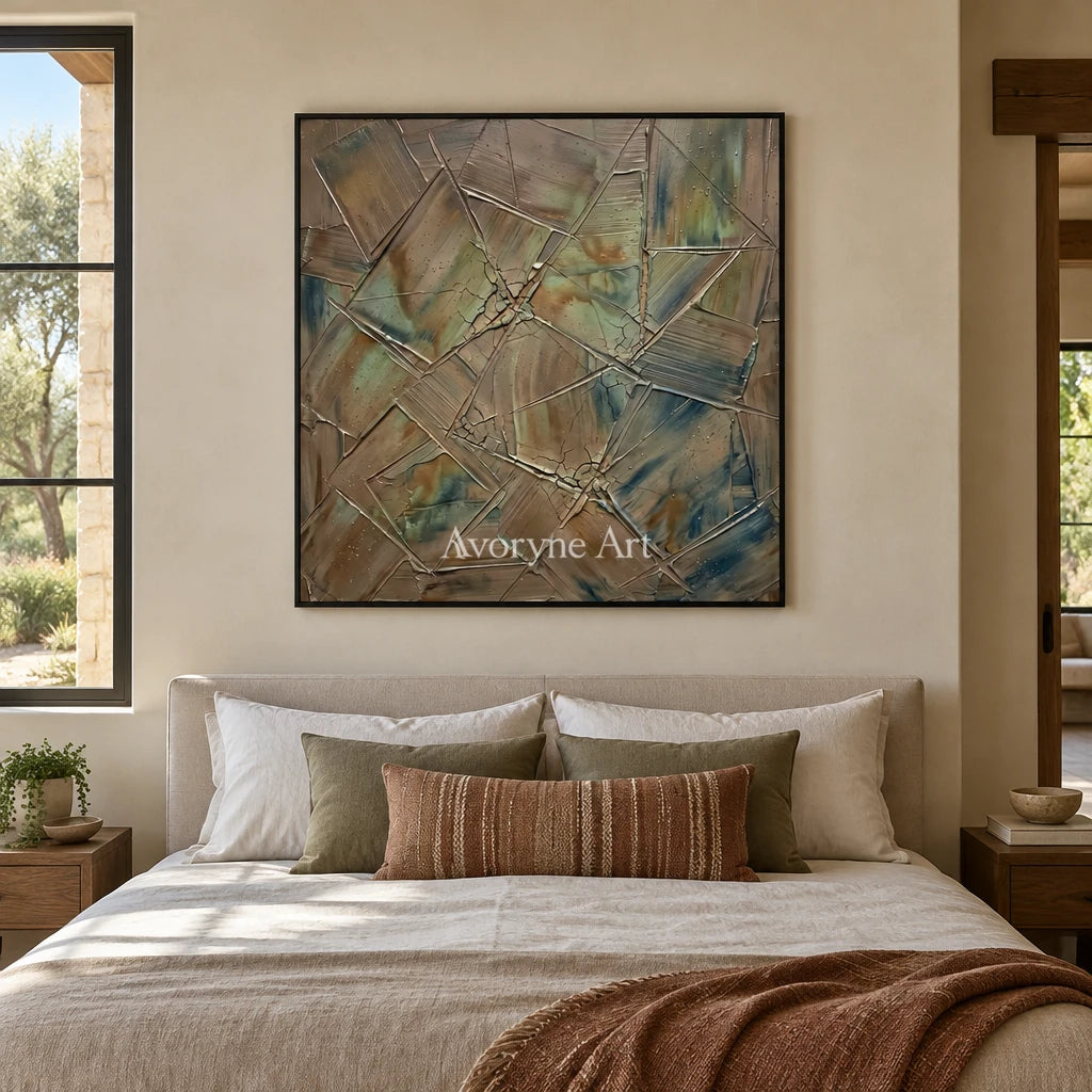 Mineral Sonata earth line abstract wall art with a black frame above a bed in a bedroom