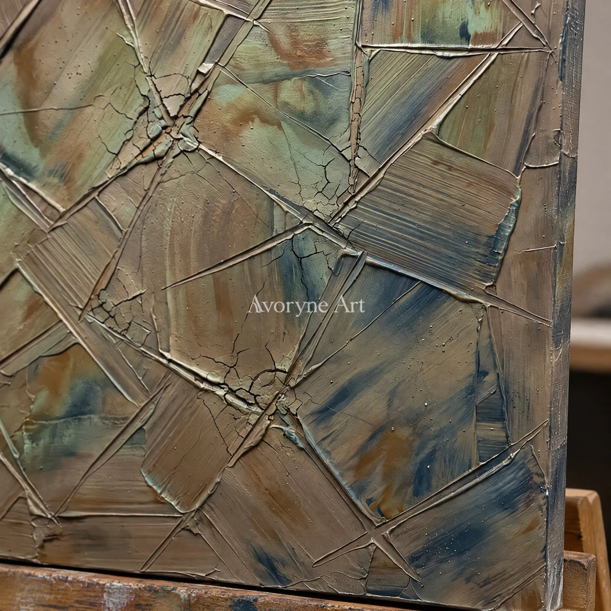 Close-up of the hand-painted texture of Mineral Sonata earth line abstract wall art on an easel