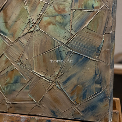 Close-up of the hand-painted texture of Mineral Sonata earth line abstract wall art on an easel