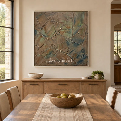 Mineral Sonata earth line abstract wall art with a white frame in a dining room