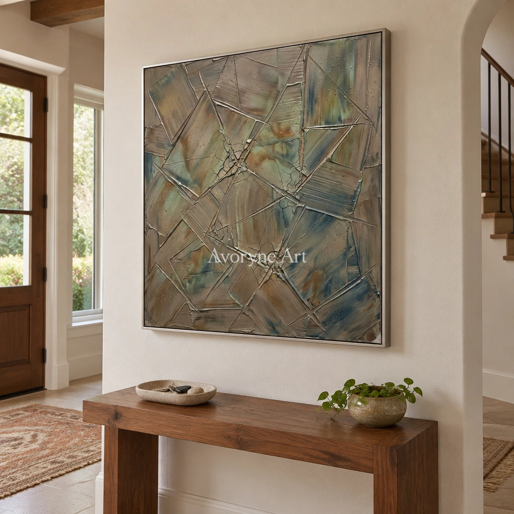 Mineral Sonata earth line abstract wall art with a silver frame in an entryway