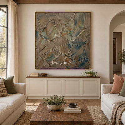 Mineral Sonata earth line abstract wall art with a gold frame hanging in a living room
