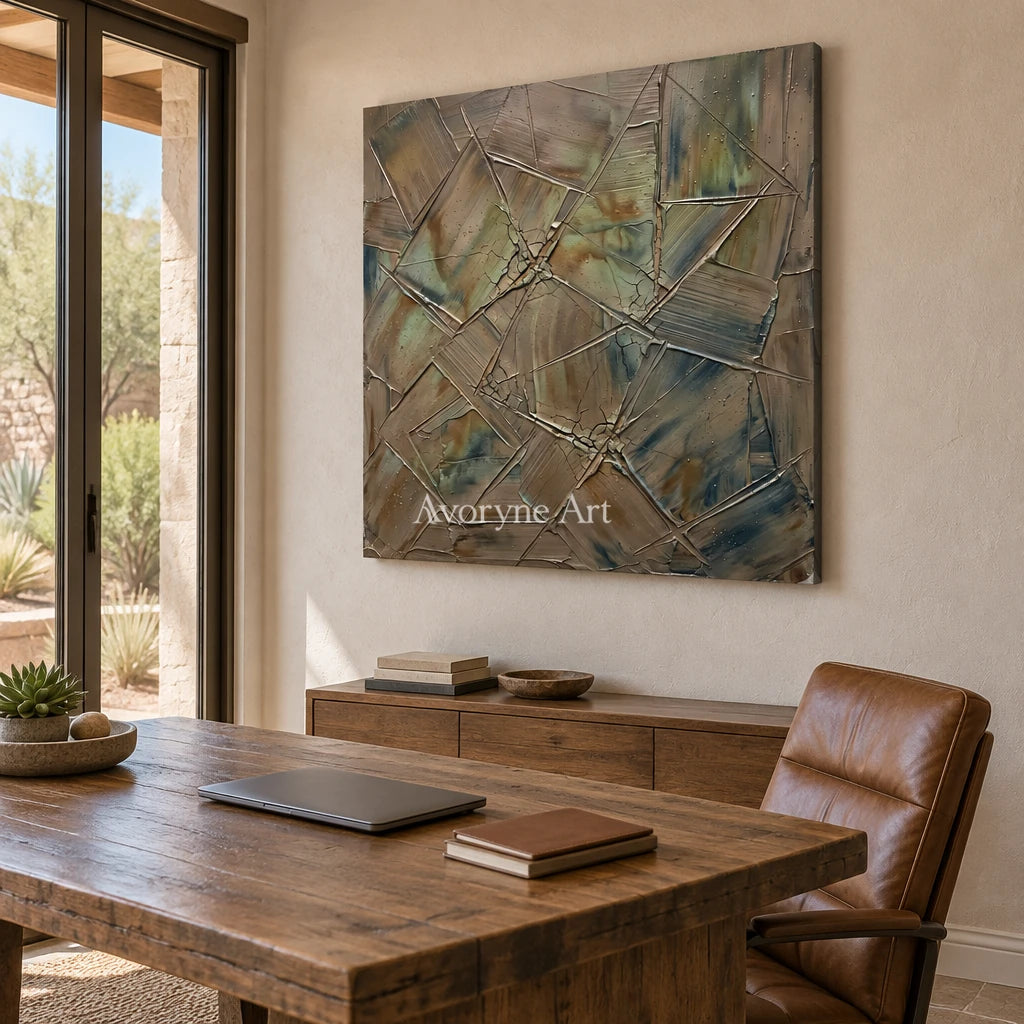 Mineral Sonata earth line abstract wall art as a frameless stretched canvas in a home office